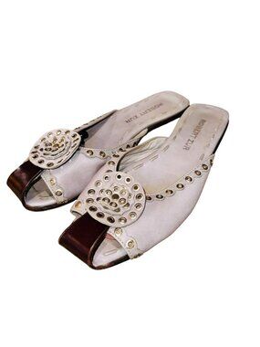 Robert Zur Womens 9 Leather Studded Mule Sandals Slides Slip On Flats Grey Brown